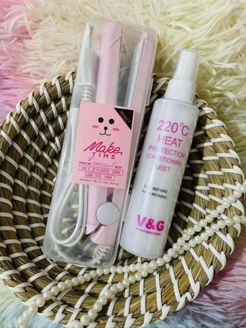 Mini hair straightener Curling Irons and hit protection Spray Combo